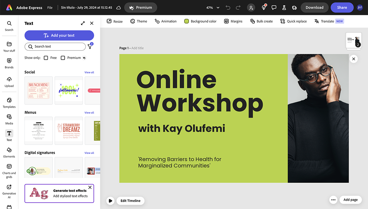 Canva alternatives - a screenshot of a presentation opened in Adobe Express