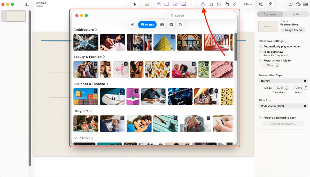 best presentation software - asset library in Keynote