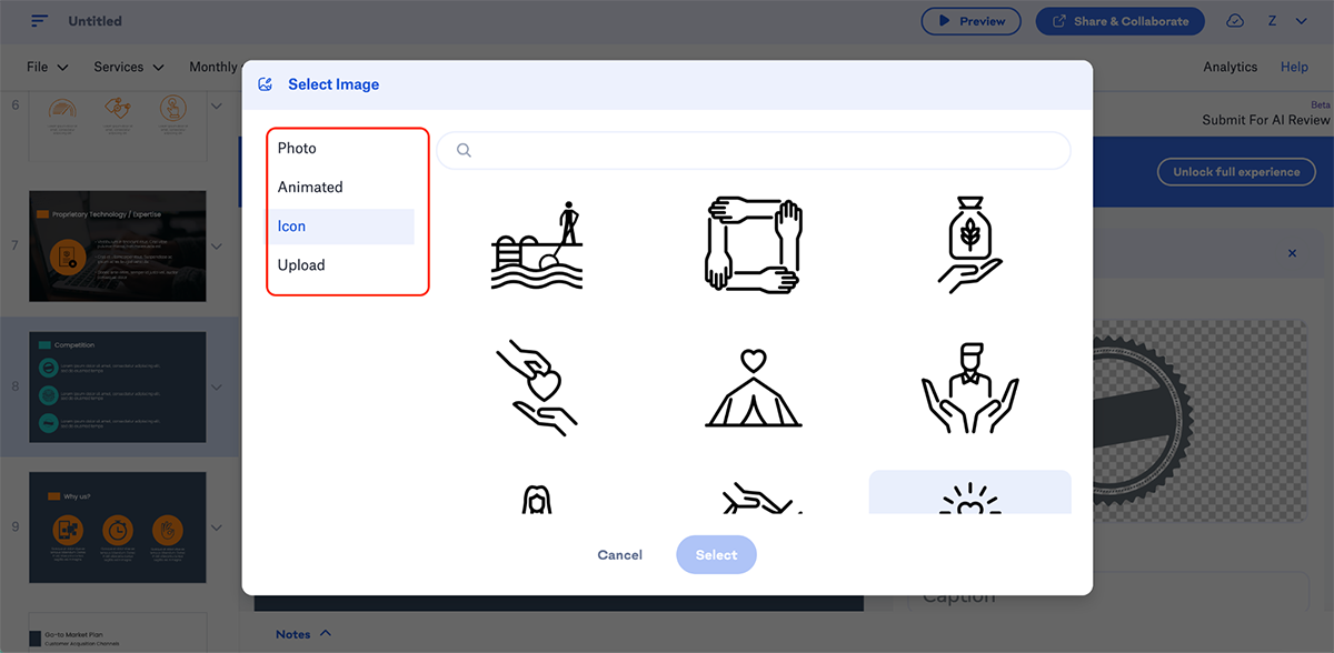 best presentation software - Slidebean asset library 
