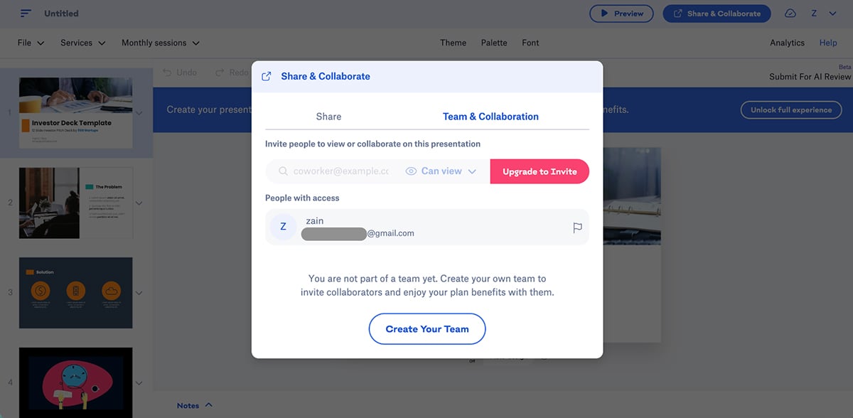 best presentation software - Slidebean privacy and collaboration features 
