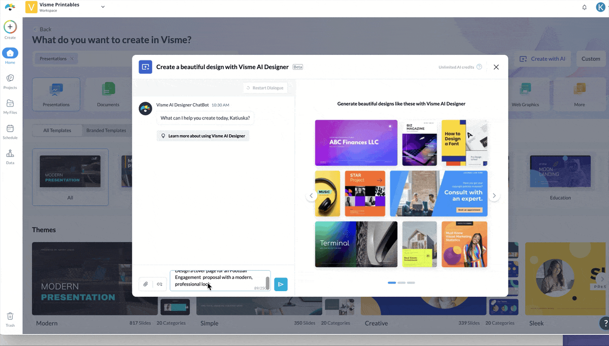 a GIF of using Visme's proposal generator to generate a proposal