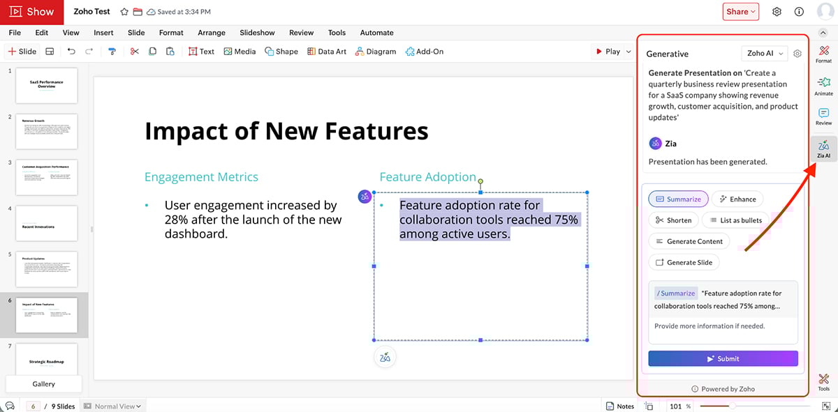 best presentation software - Zoho show AI writing assistant