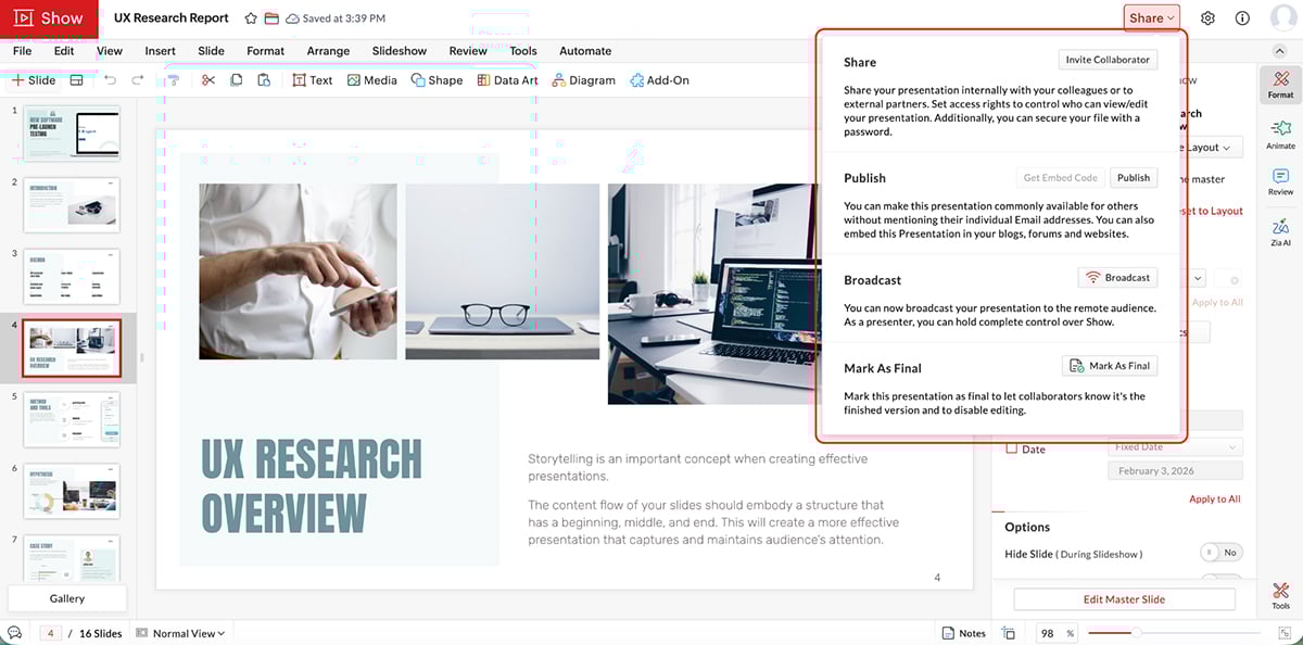 best presentation software - Zoho show sharing options