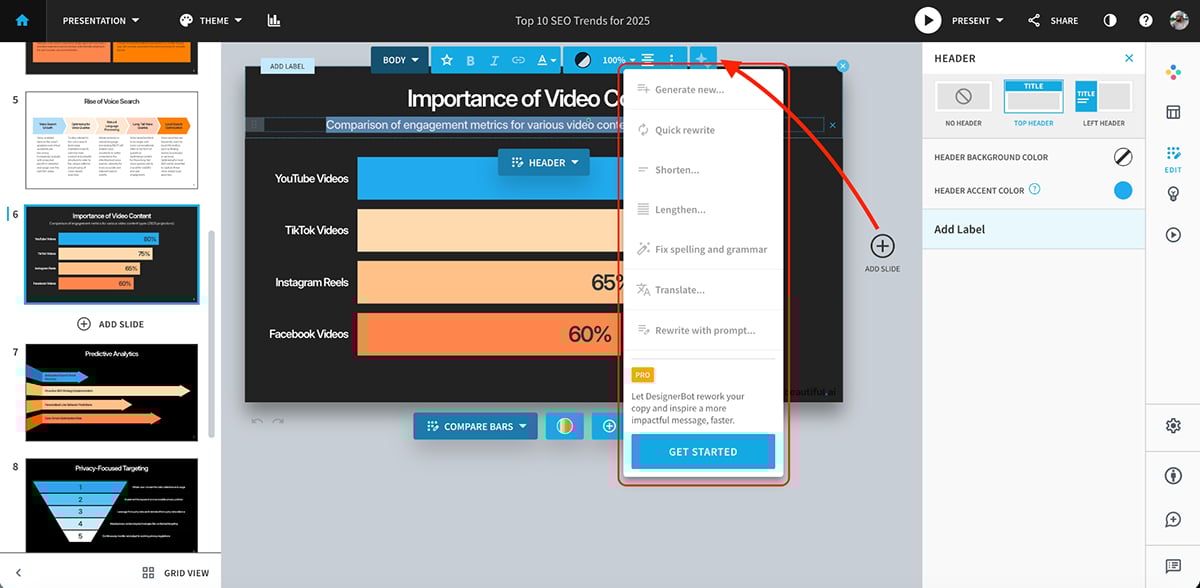 best presentation software - Beautiful.ai AI writing assistant