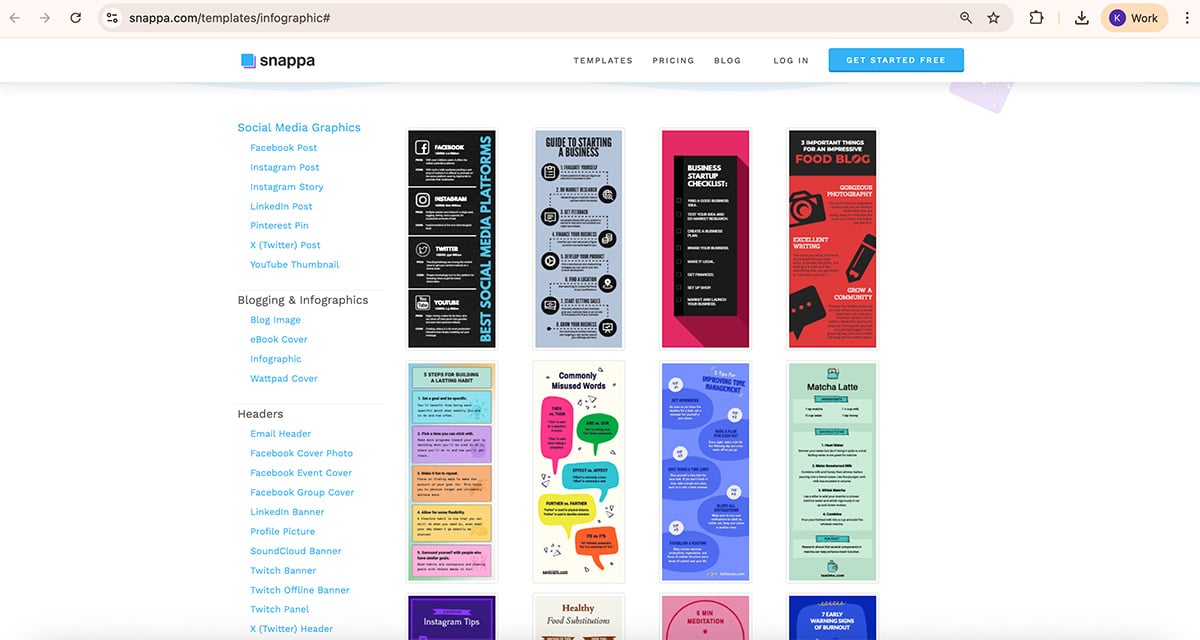 tools to create infographics - A screenshot of Snappa's Pinfographic template library