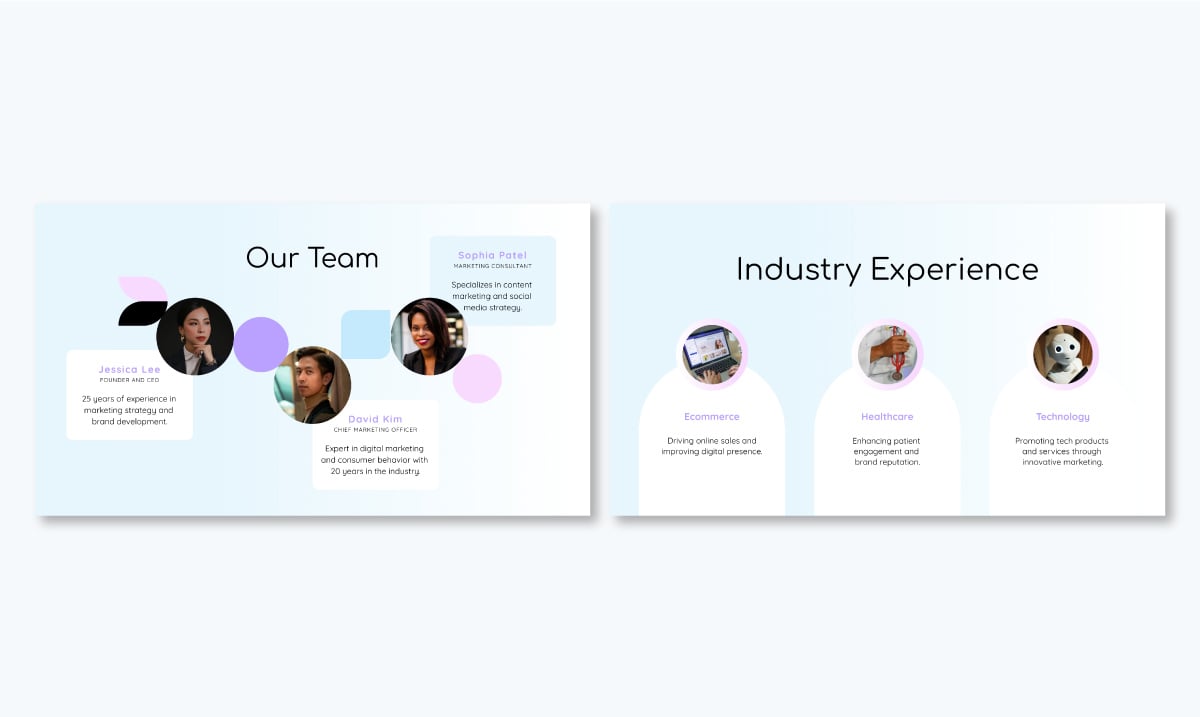 team credentials slide for a consulting pitch deck