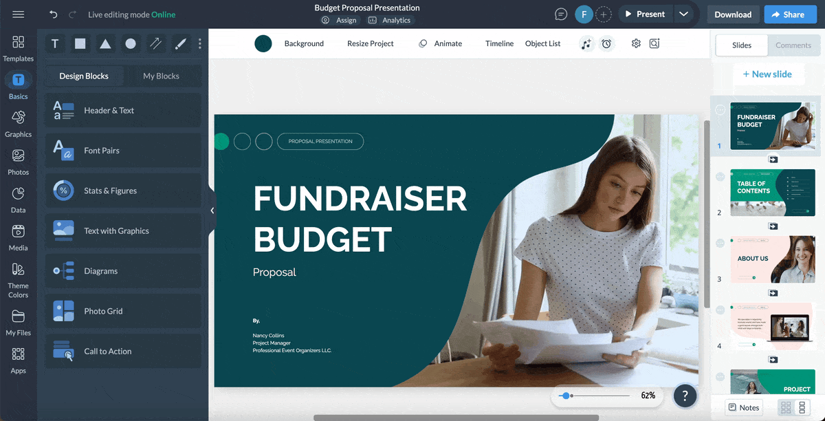 how to use presenter studio to present a budget proposal
