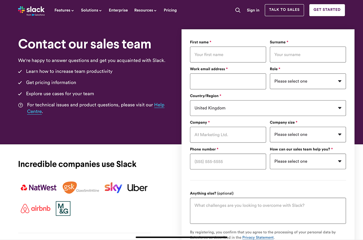 Inviting to Contact The Sales Team - Slack