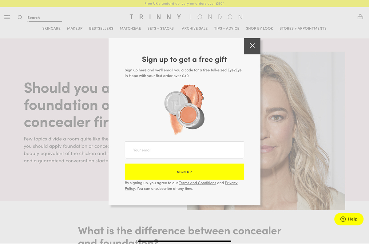 Lead generation examples - Giving a Free Gift - Trinny London