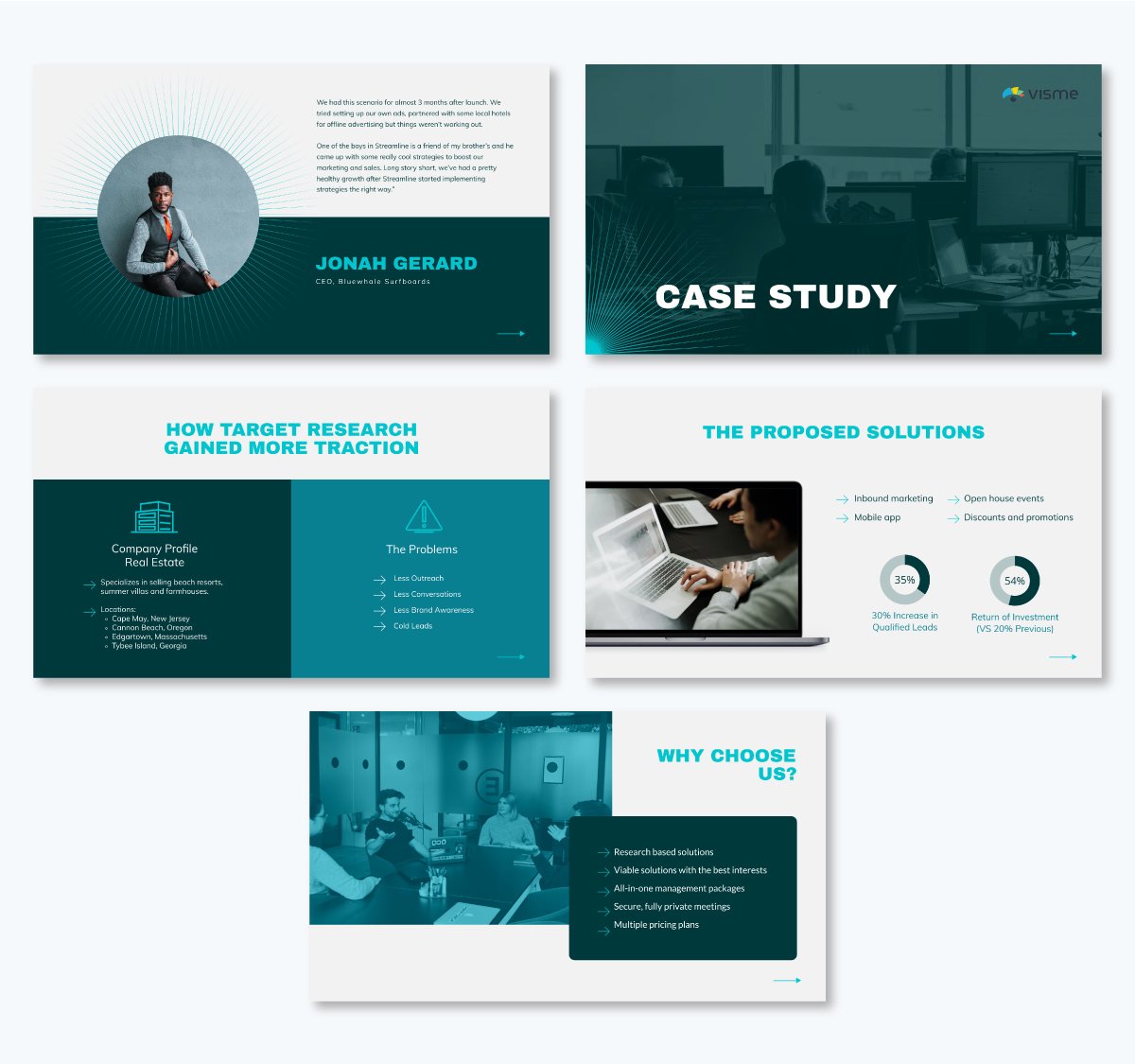 testimonial and case studies slide for an agency pitch deck
