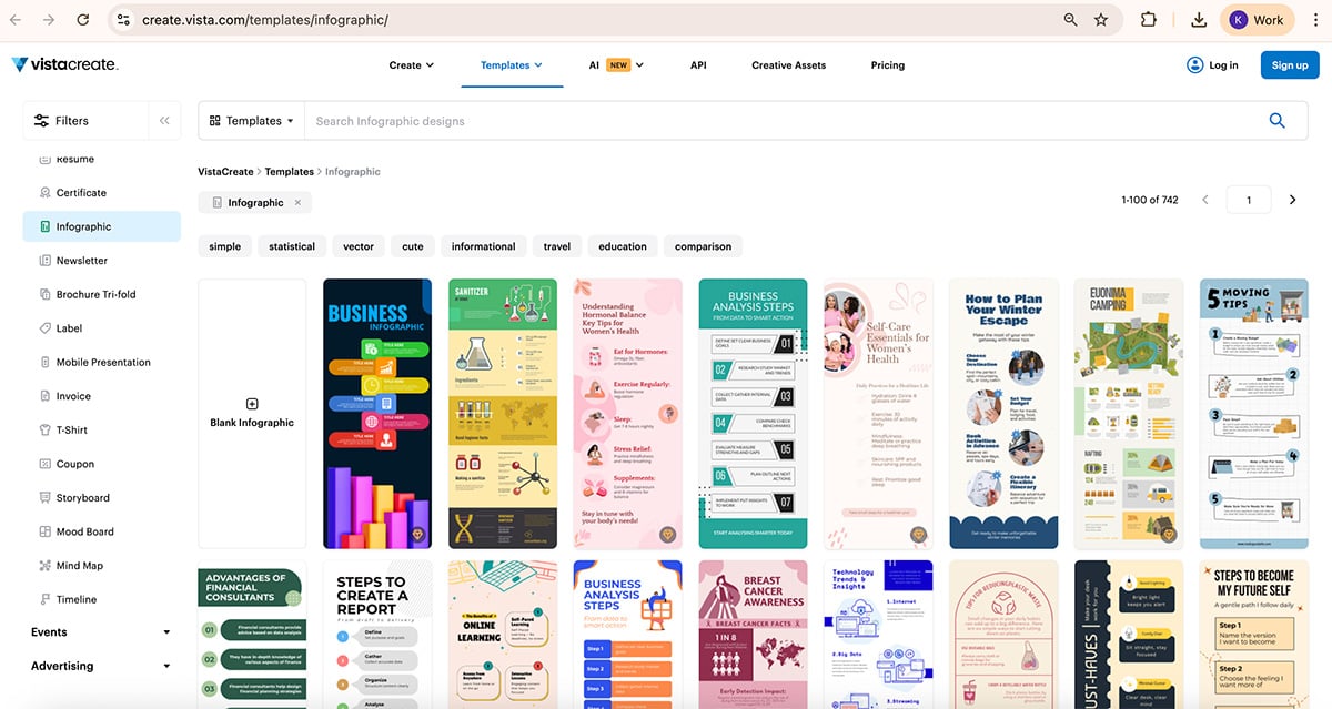 tools to create infographics - A screenshot of Vistacreate's Pinfographic template library