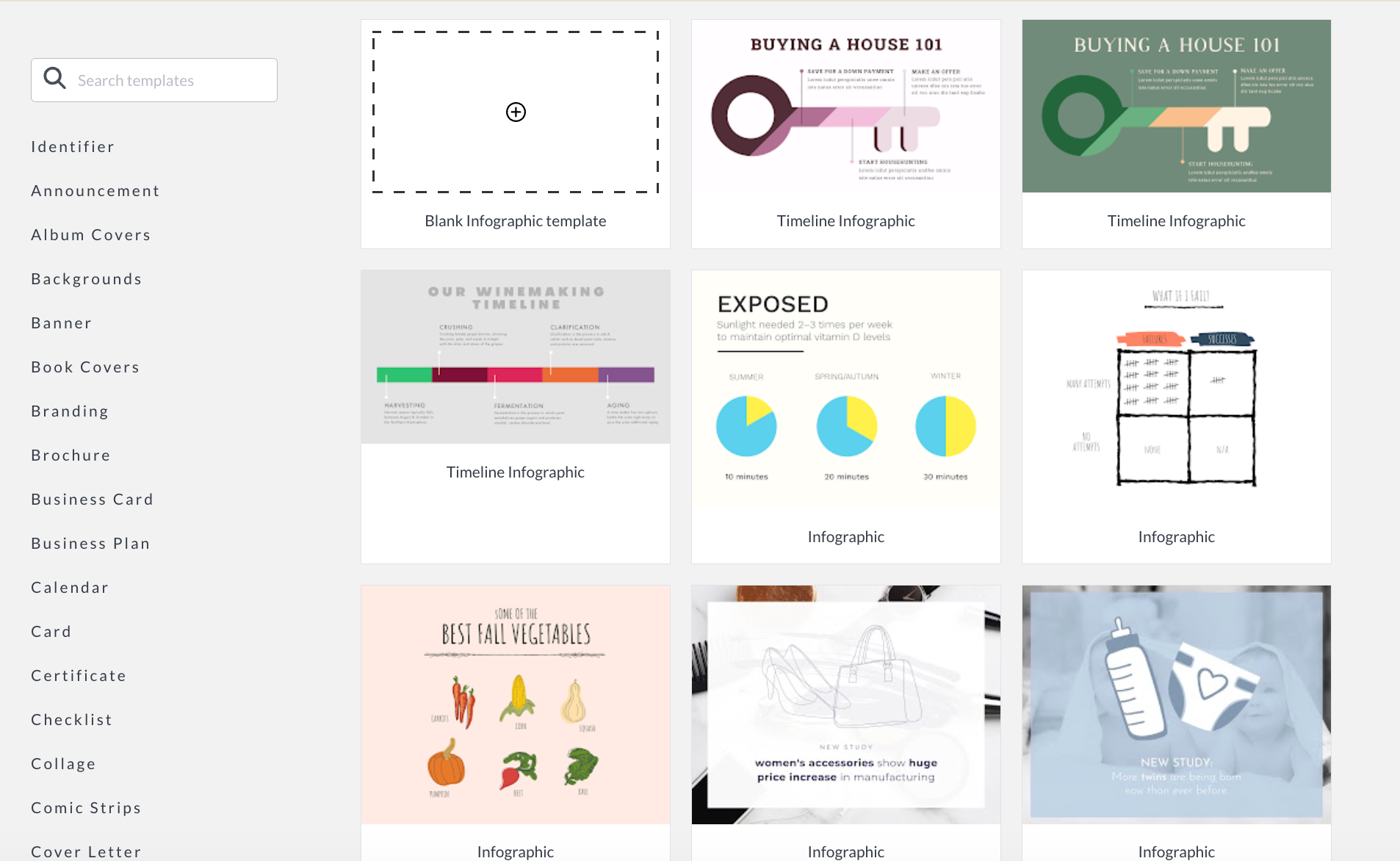 tools to create infographics - A screenshot of Picmonkey's infographic template library