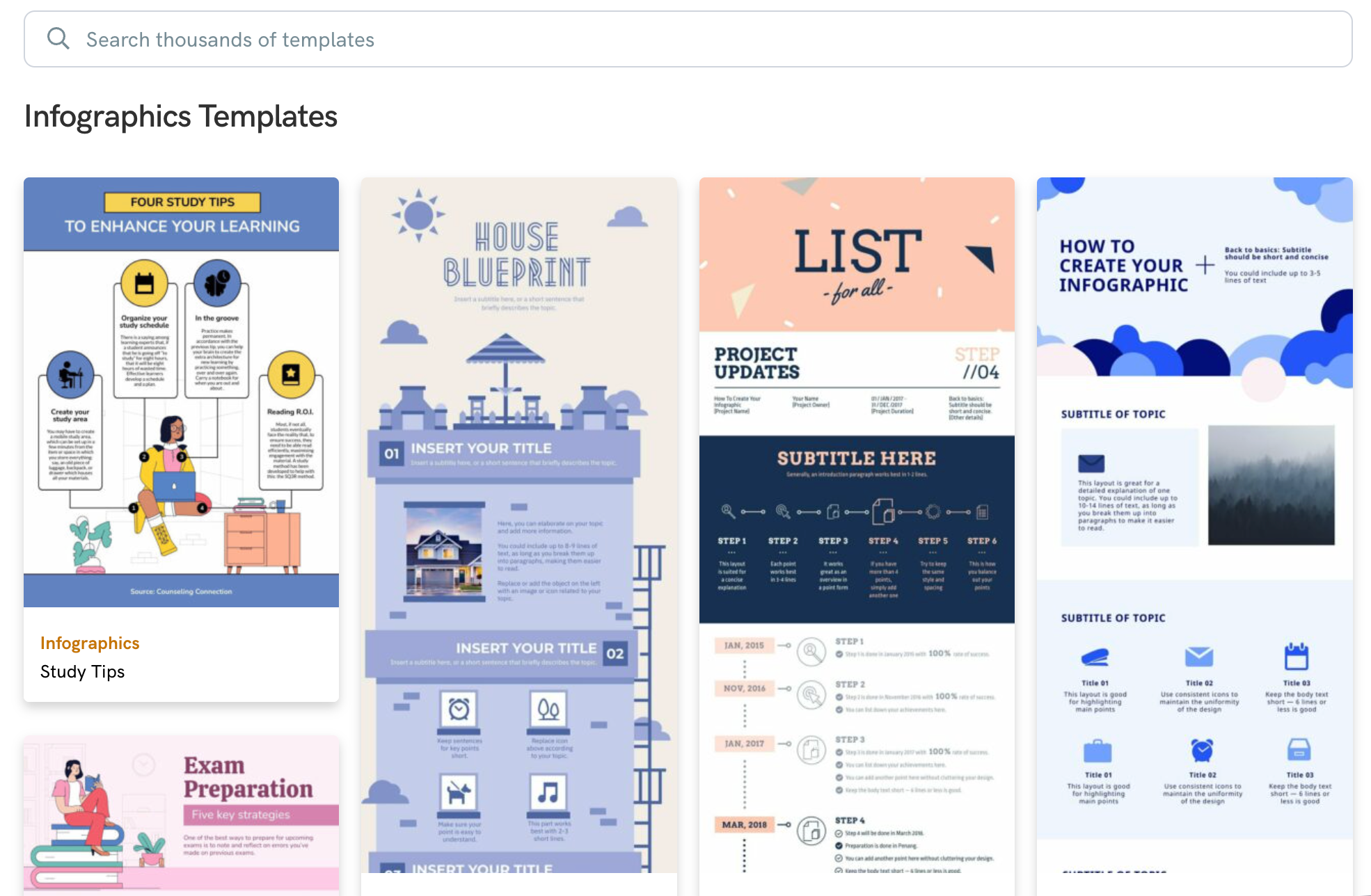 tools to create infographics - A screenshot of Piktochart infographic template library