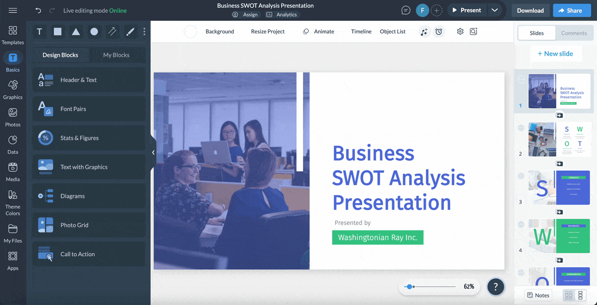add animated graphics to a SWOT analysis template.
