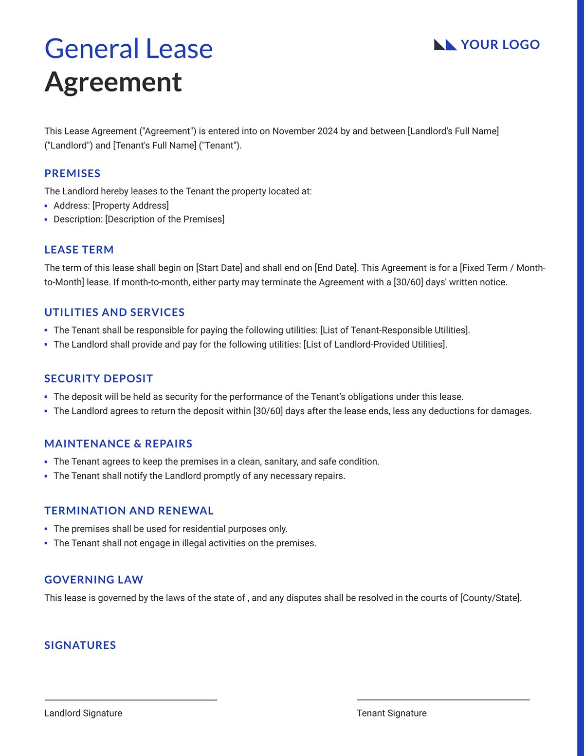 General One Page Lease Agreement Template