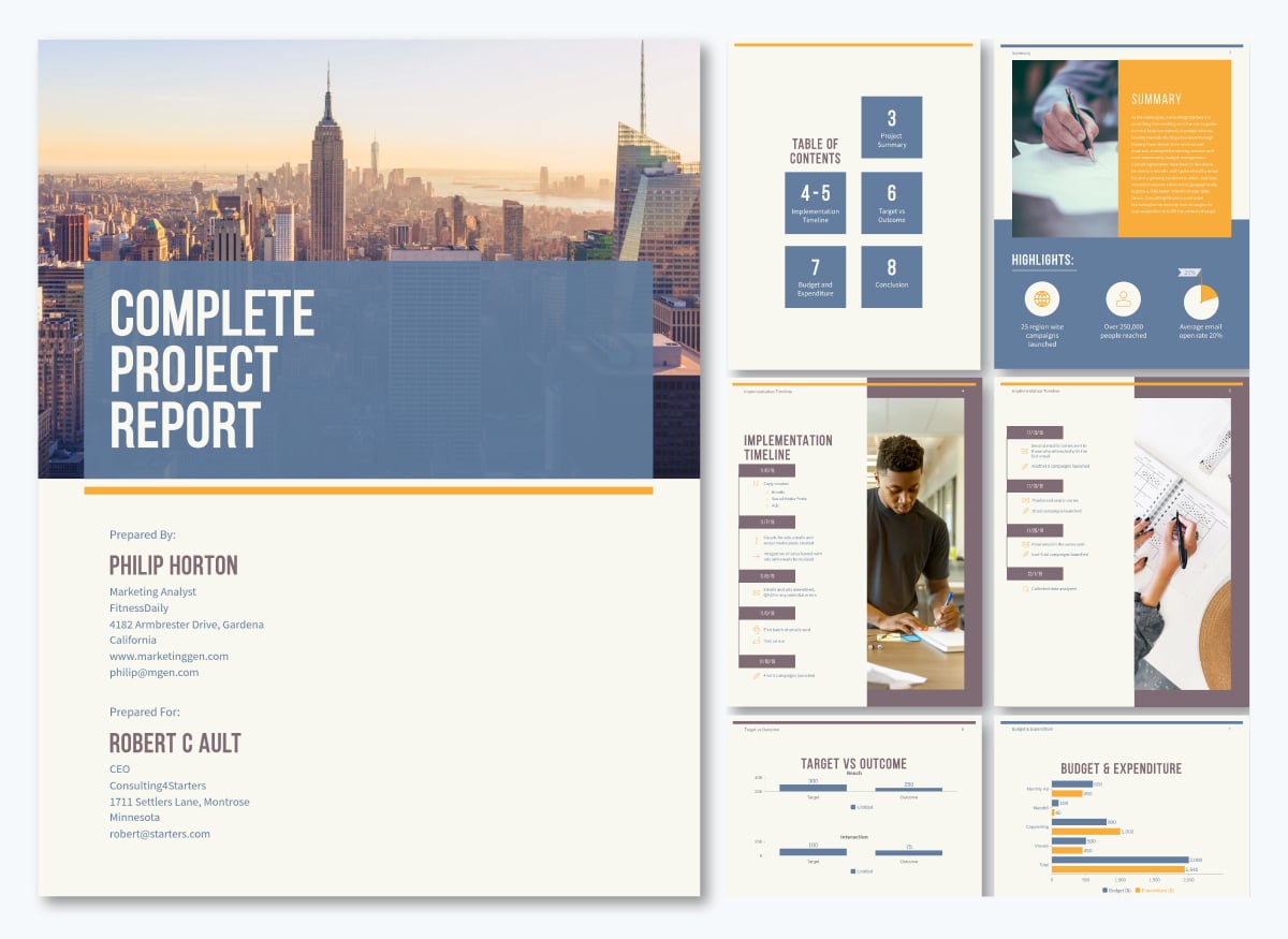 business report templates - a collage of a complete project report template in Visme