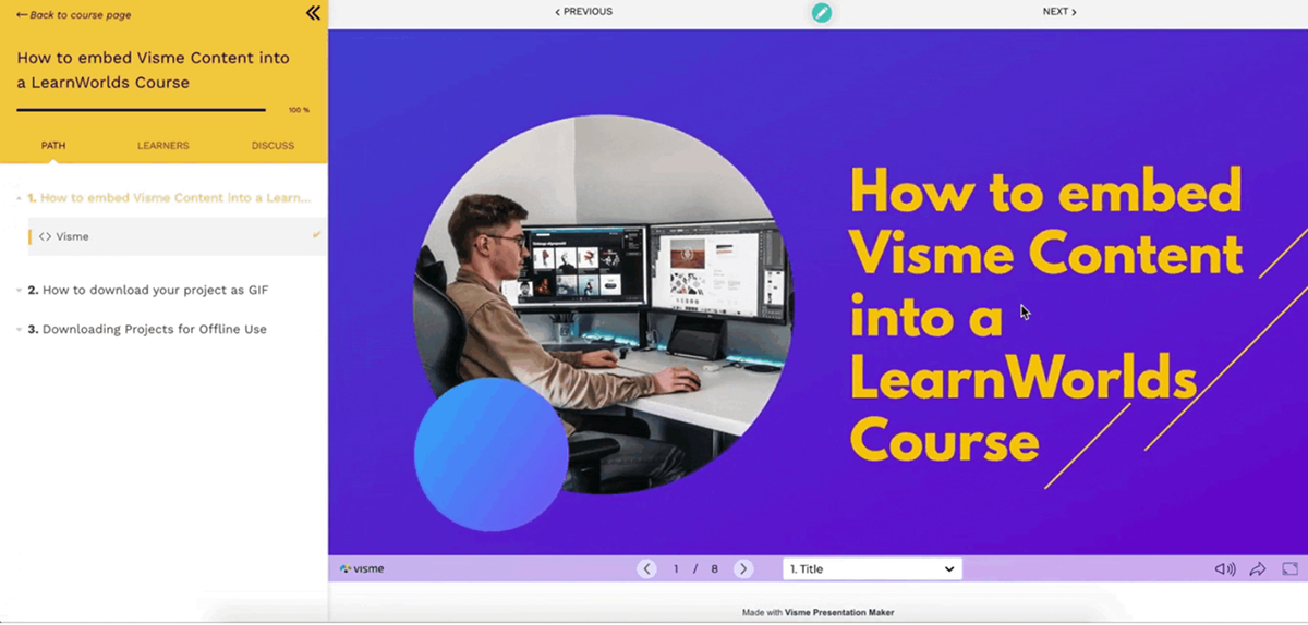 add Visme content (e.g. presentations) to your LearnWorlds courses