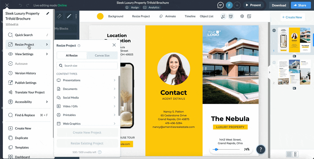 brochure examples and templates- adjusting the size of canvas in Visme