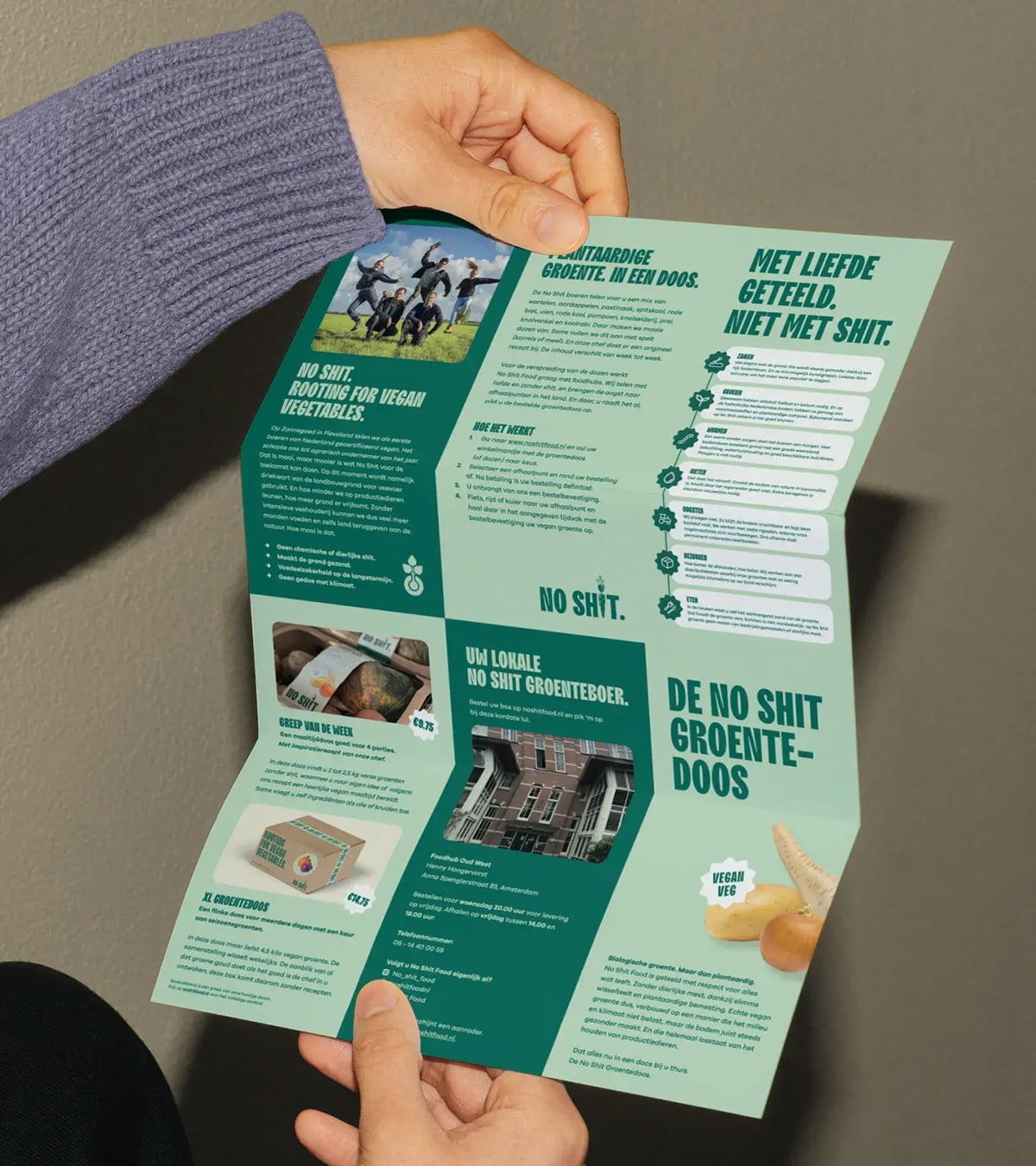 Z-fold brochure from No Shit Food, designed by Studio Morf