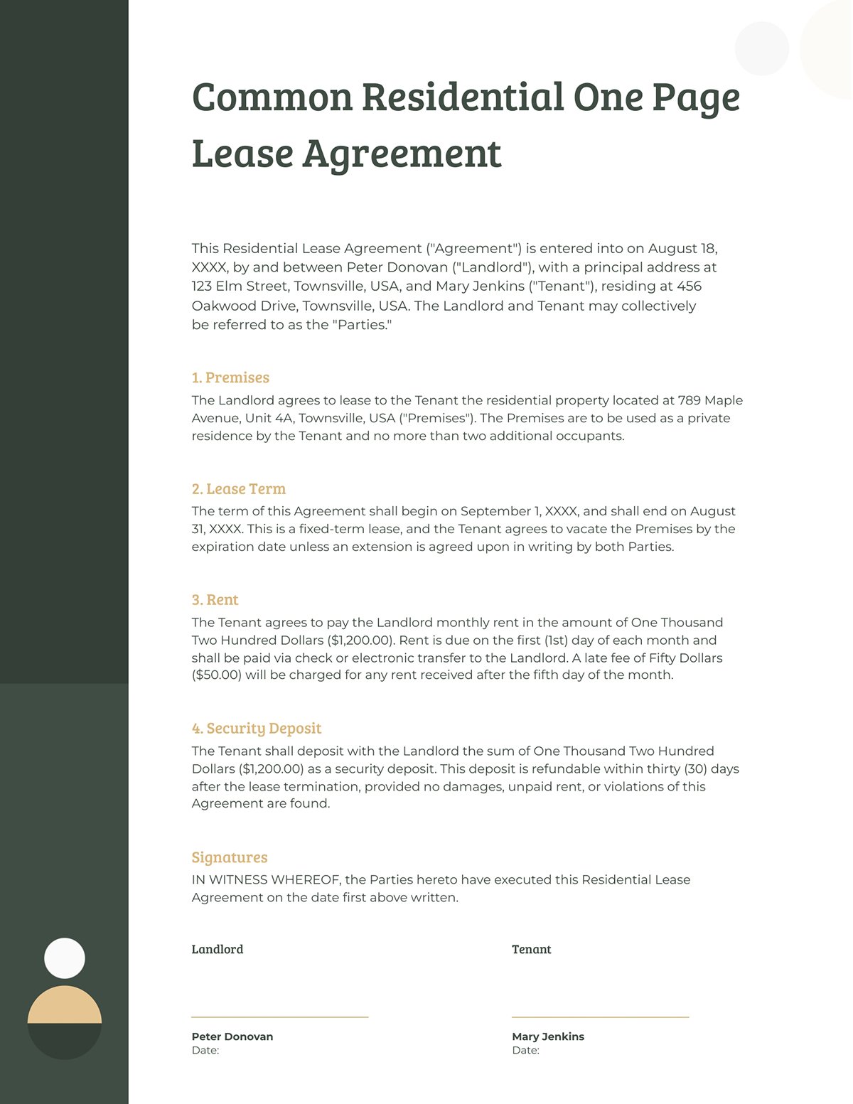 Common Residential One Page Lease Agreement Template