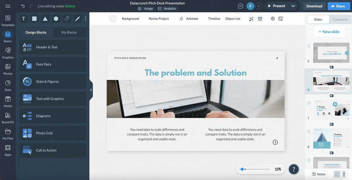 Using Visme's AI writer to craft a pitch deck.