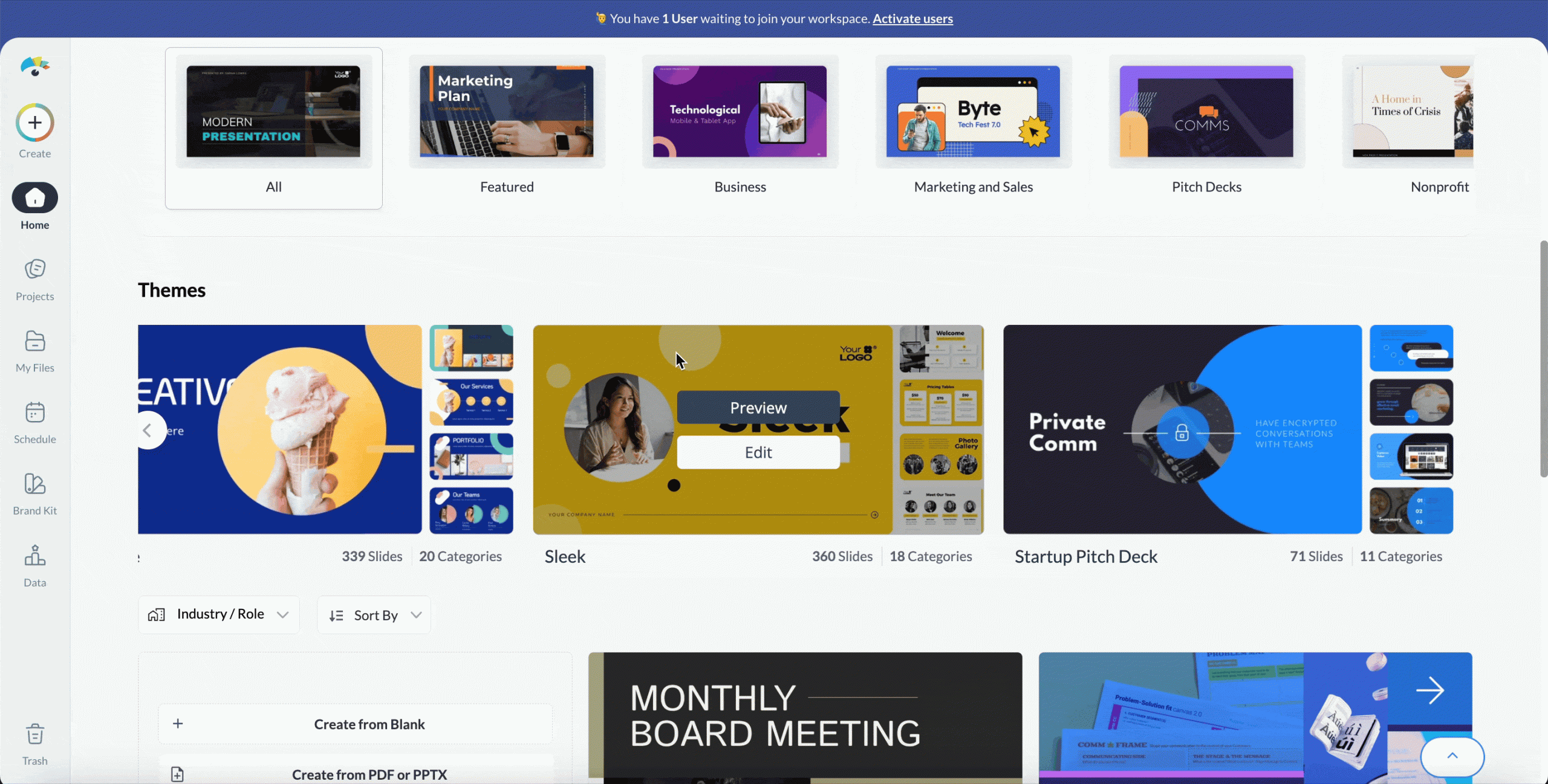 Visme vs. Beautiful.ai: Where Should You Create Your Next Presentation? - a GIF of opening the modern theme and looking through the slides, scrolling and then finally opening it in the editor.