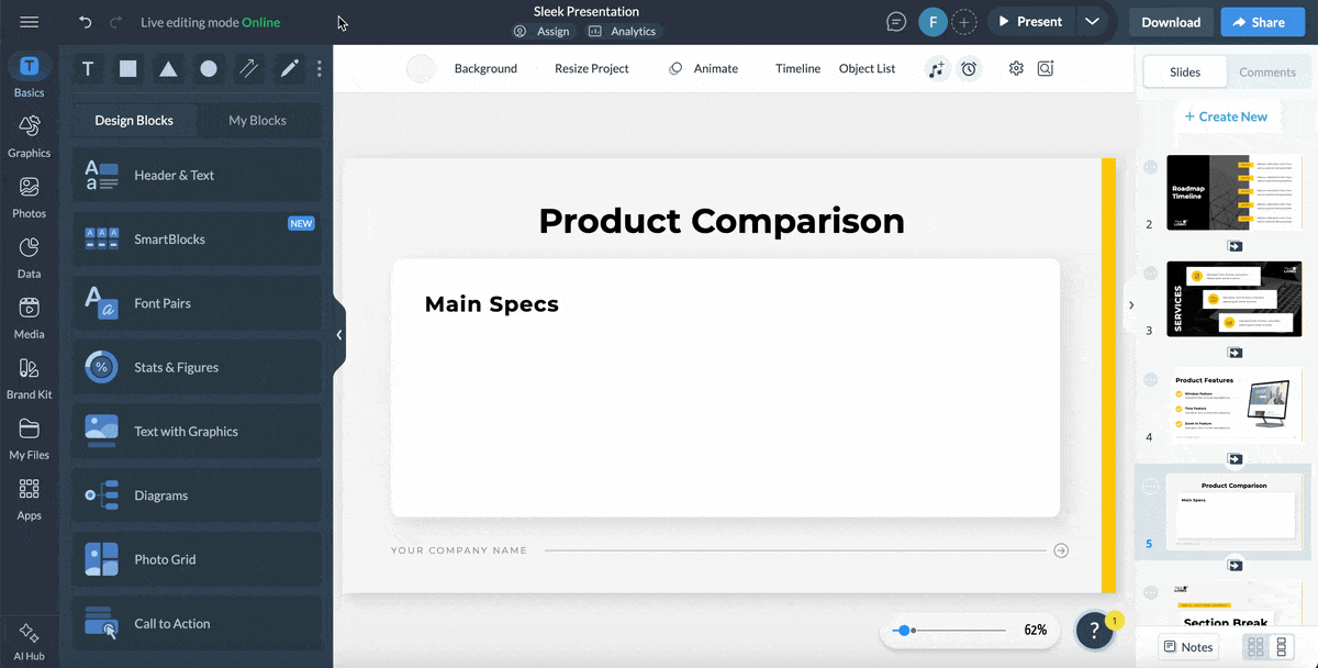 Visme vs. Beautiful.ai: Where Should You Create Your Next Presentation? - A GIF of using Visme's smartblocks for designs