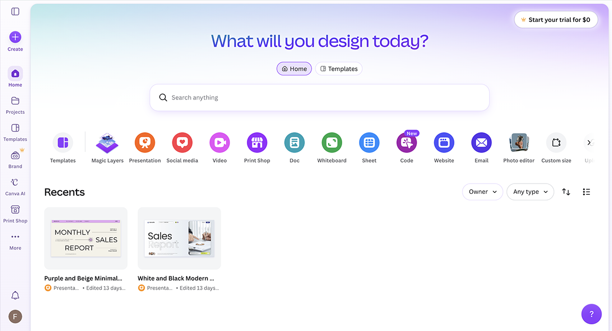 presentation app - Canva homepage