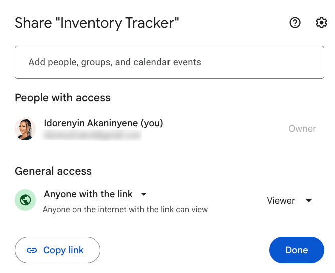 Share inventory sheet in Google Sheets