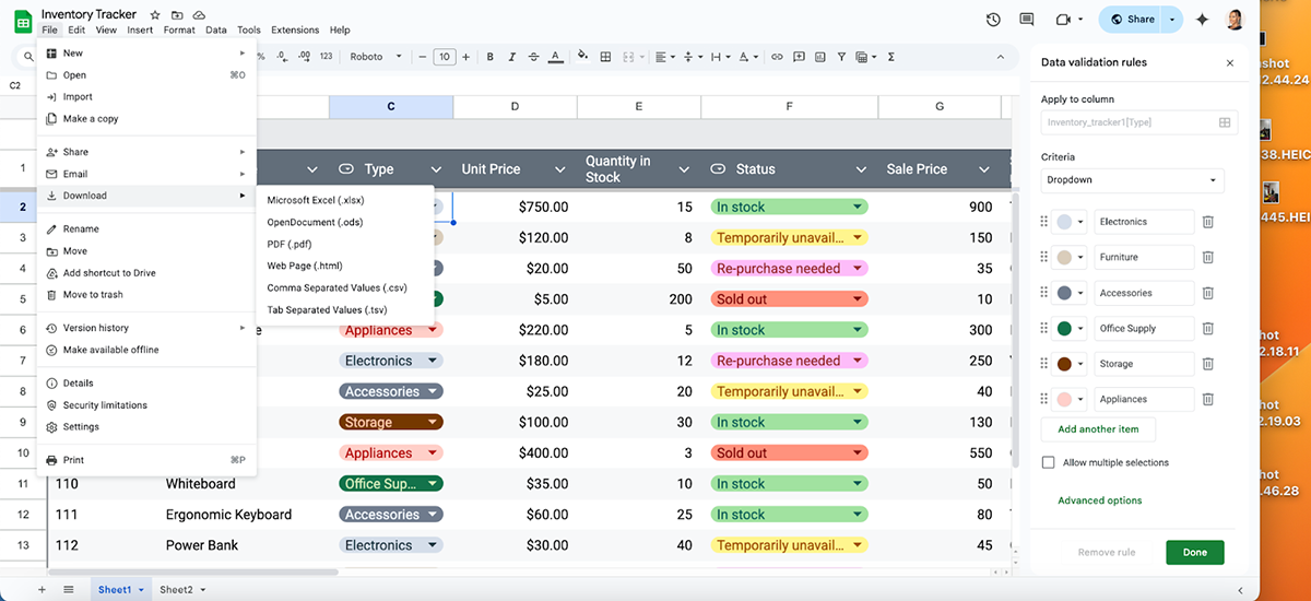How to Create an Inventory Sheet in Google sheets