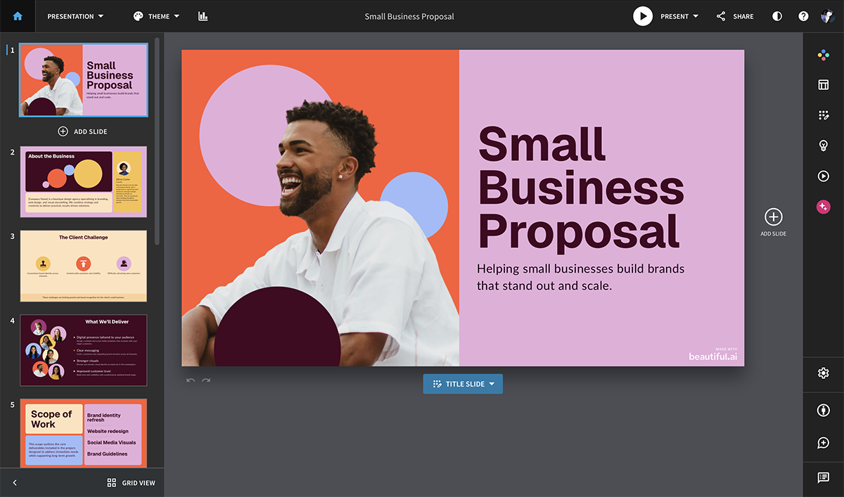 An image of a presentation opened in the beautiful.ai dashboard
