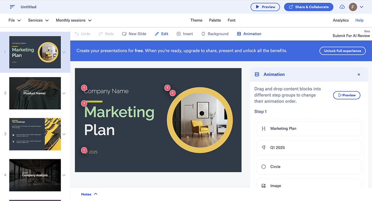 An image of a presentation opened in the Slidebean's dashboard