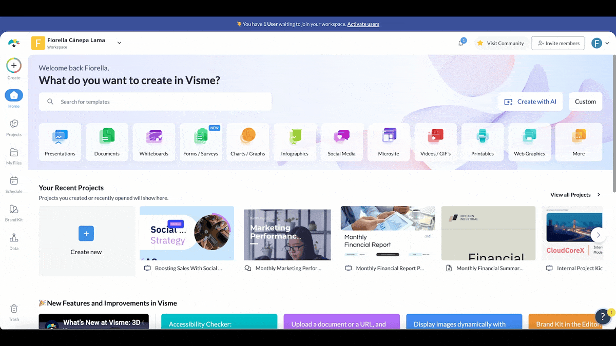 presentation apps - a GIF of using the Visme AI designer to create a presentation