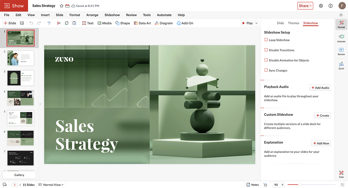 An image of a presentation opened in Zoho Show's dashboard