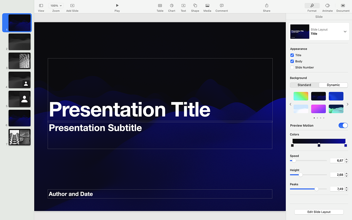 An image of a presentation opened in Keynote's dashboard