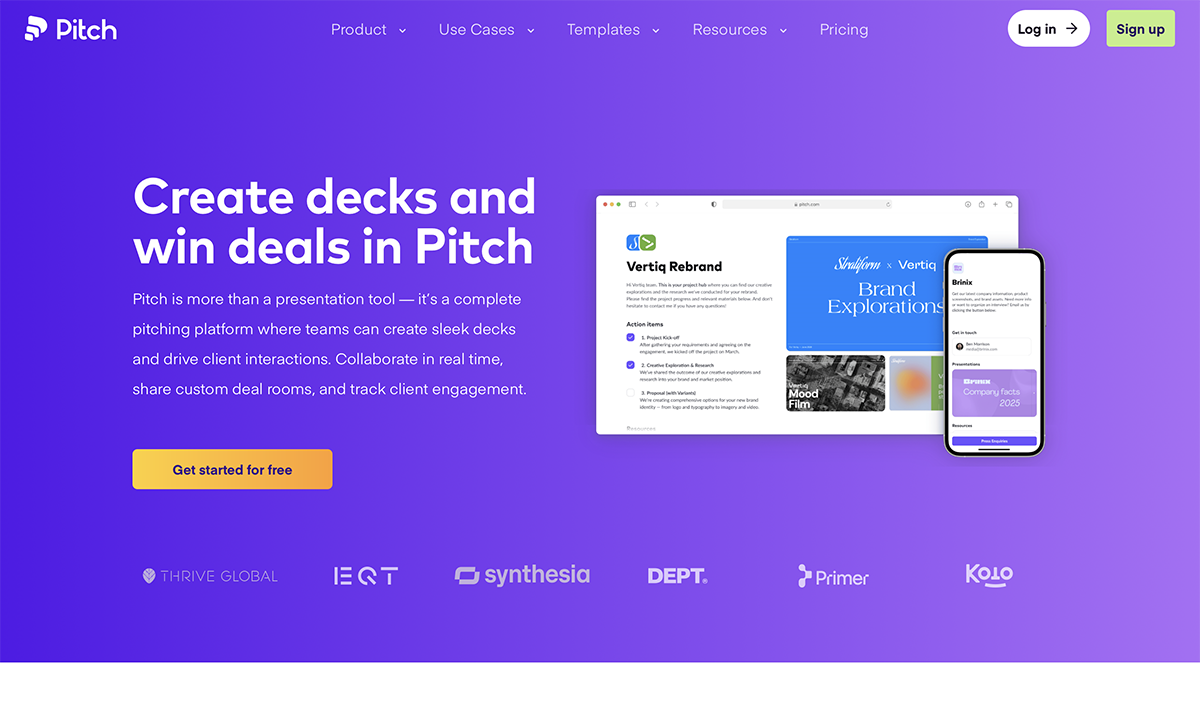 Presentation apps - Pitch home page