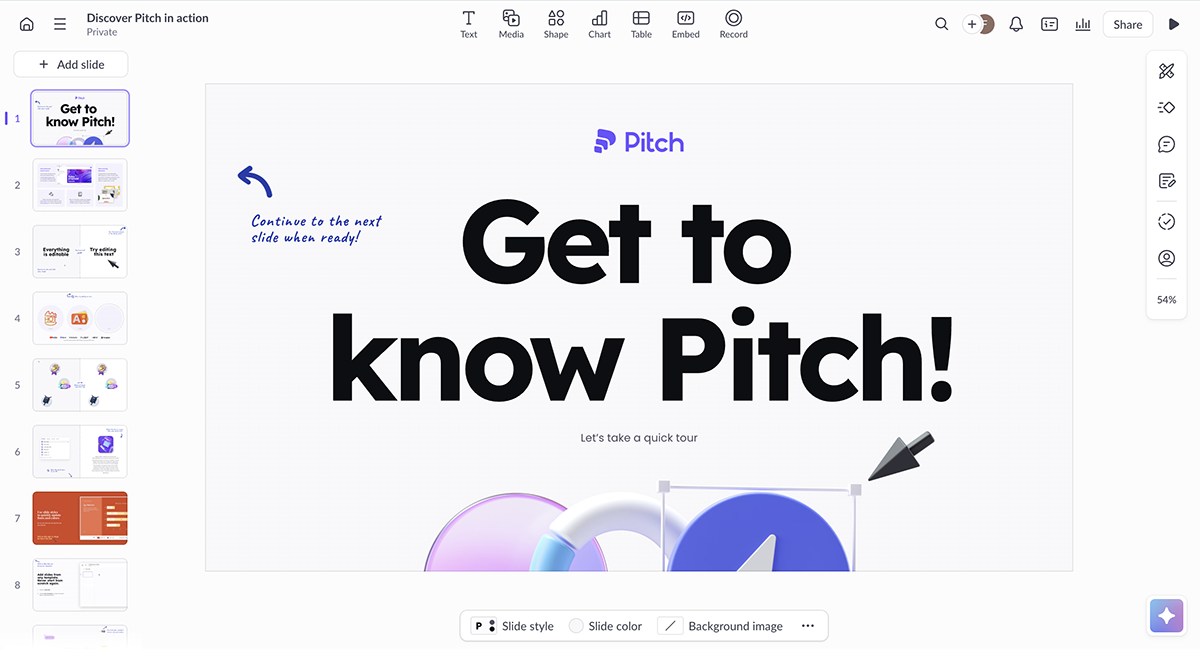 An image of a presentation opened in the Pitch's dashboard