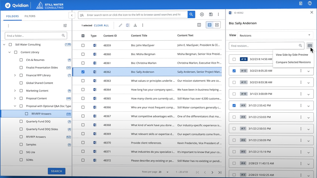 rfp software - a screenshot of Qvidian interface