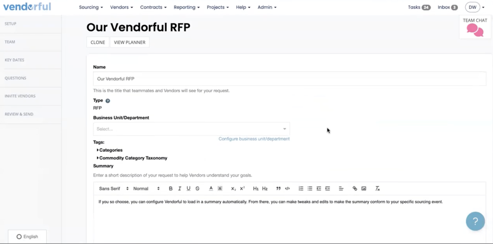 rfp software - a screenshot of Vendforful interface