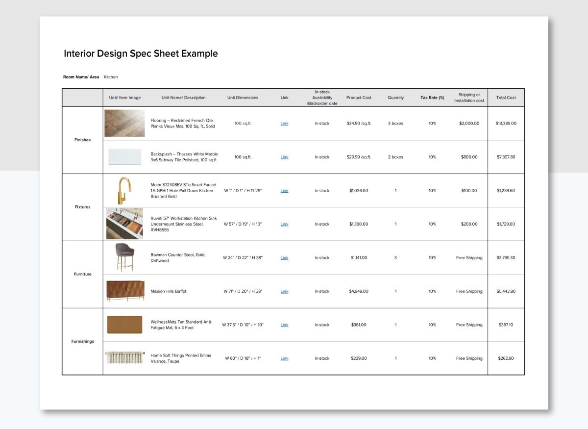Design spec sheet - Houzz