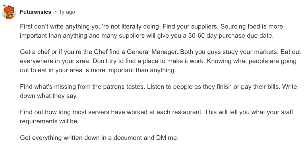 Reddit Restaurant Business Plan