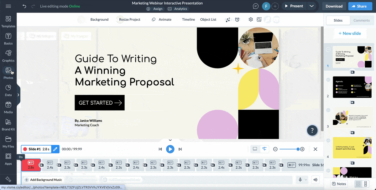 a GIF of adding stock photos and 3D characters and elements to a presentation