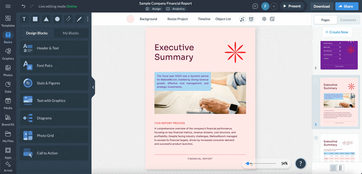 a GIF of adding hover effect to an annual report in Visme