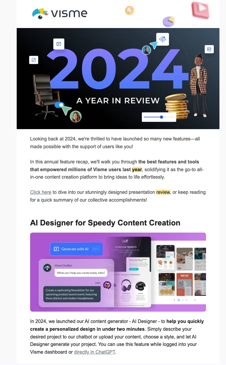 Visme's year in review report shared in newsletters
