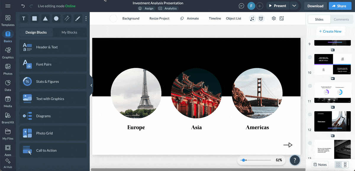 a GIF adding a clickable menu or interactive charts to a financial presentation