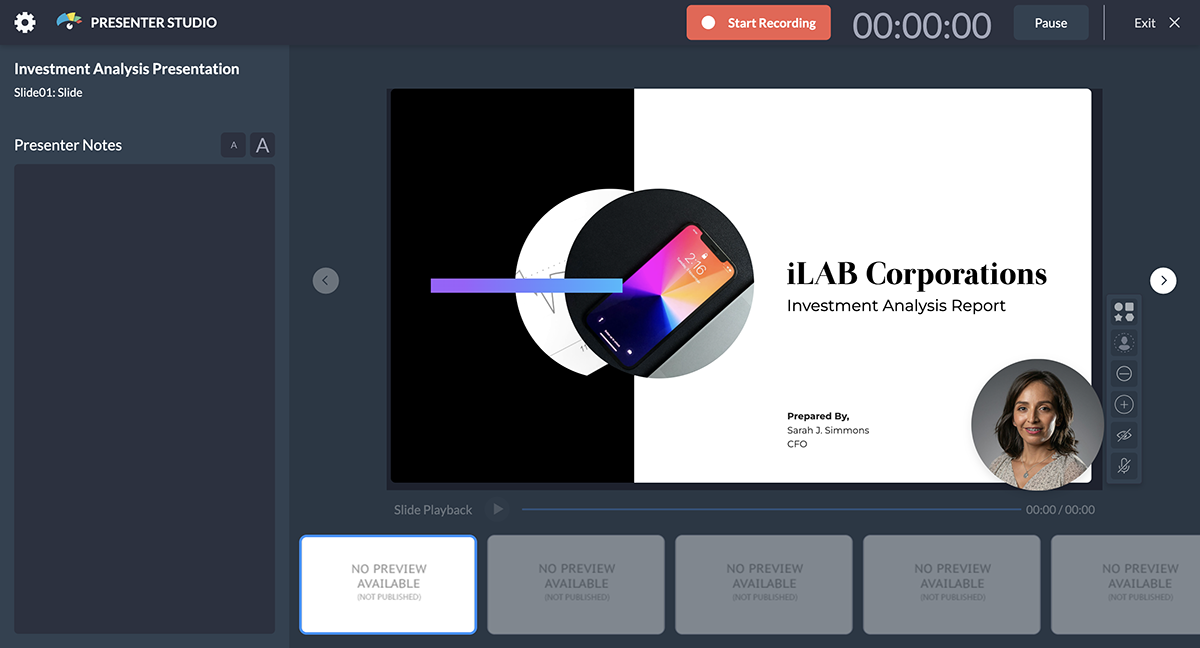 A screenshot of the Presenter Studio being used in a financial presentation