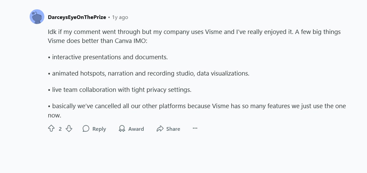 Reddit reviews on pros of Visme