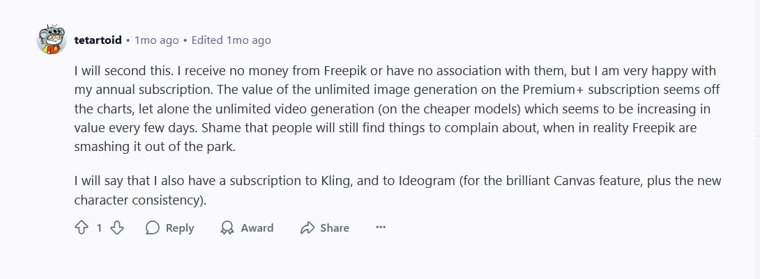 Reddit reviews on Pros of Freepik image generator