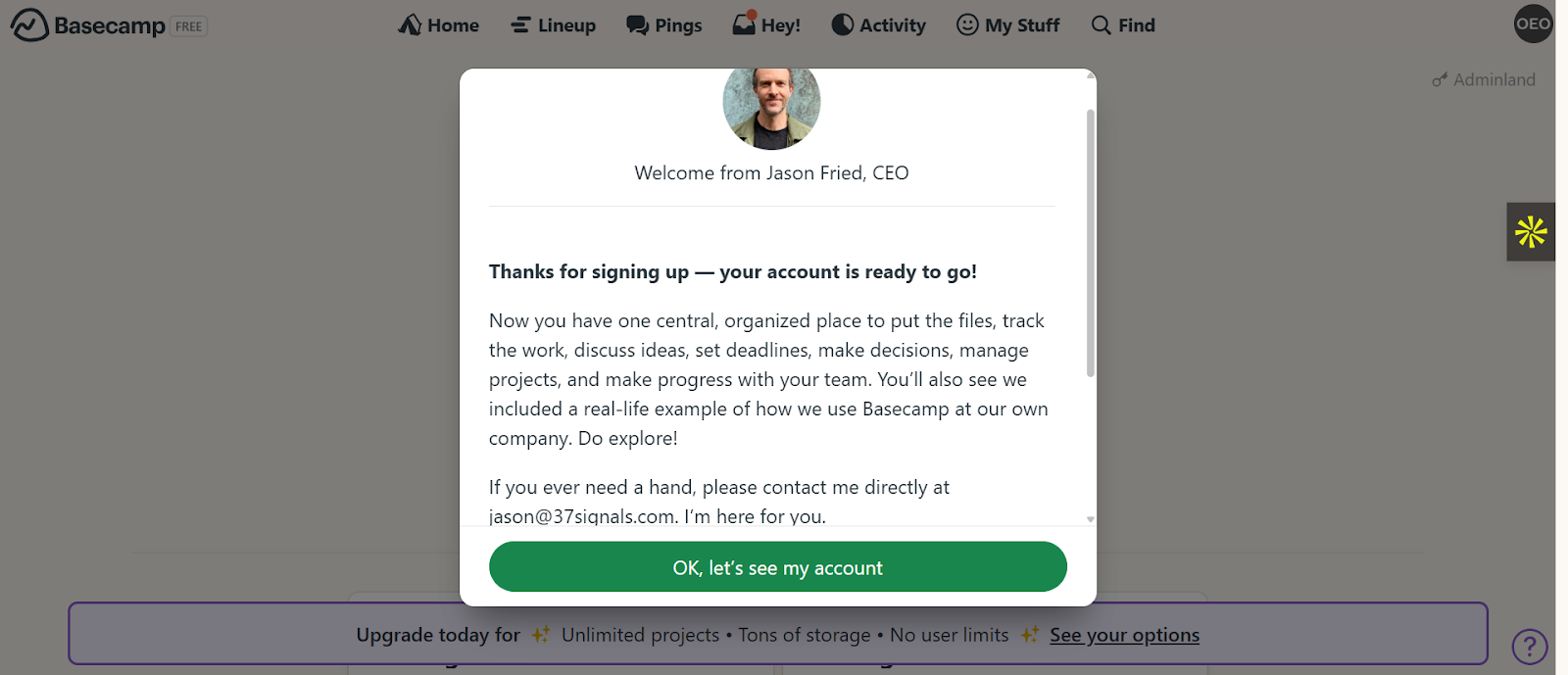 Basecamp CEO welcome message