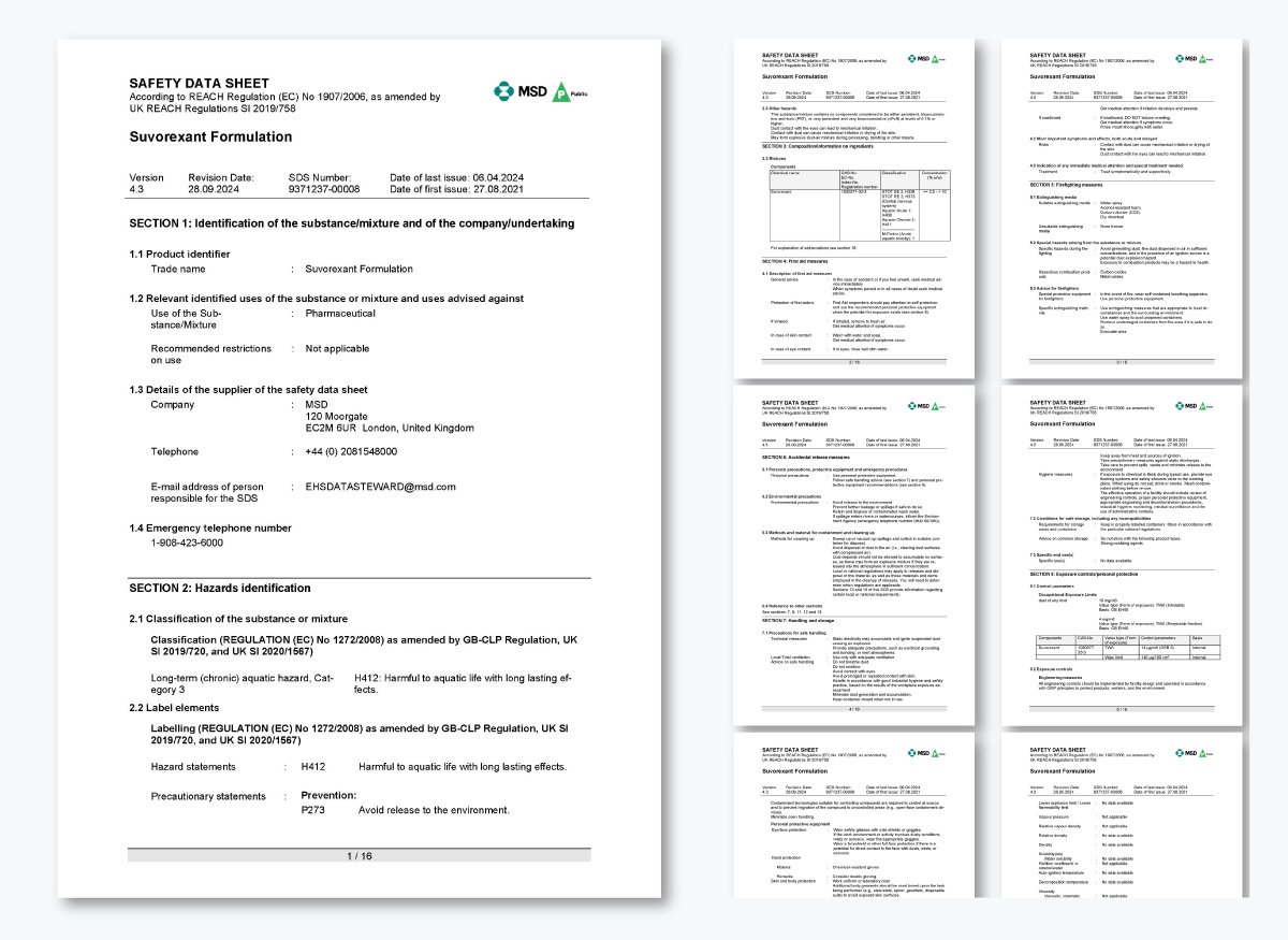 Safety Datasheet example from MSD
